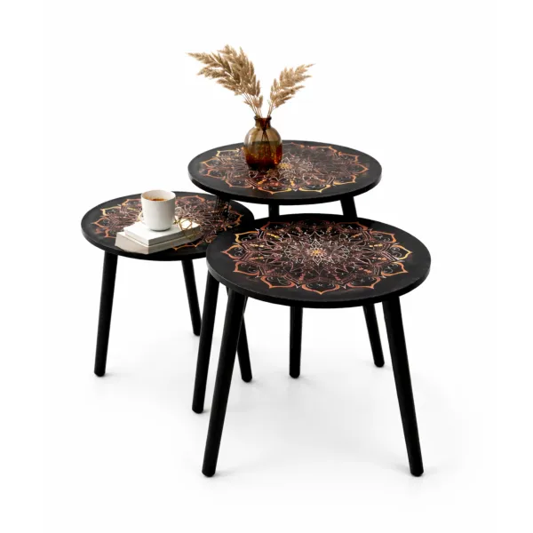 طقم طاولات سوداء مزخرفة 3 قطع موديل  X-2507